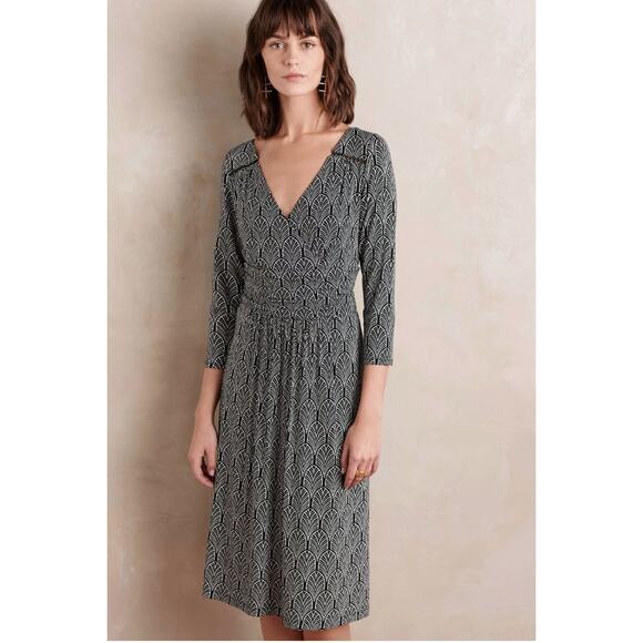 MAEVE Anthropologie Galena Black & White 3/4 Sleeve Wrap Top Midi Dress X-Small - Picture 2 of 11